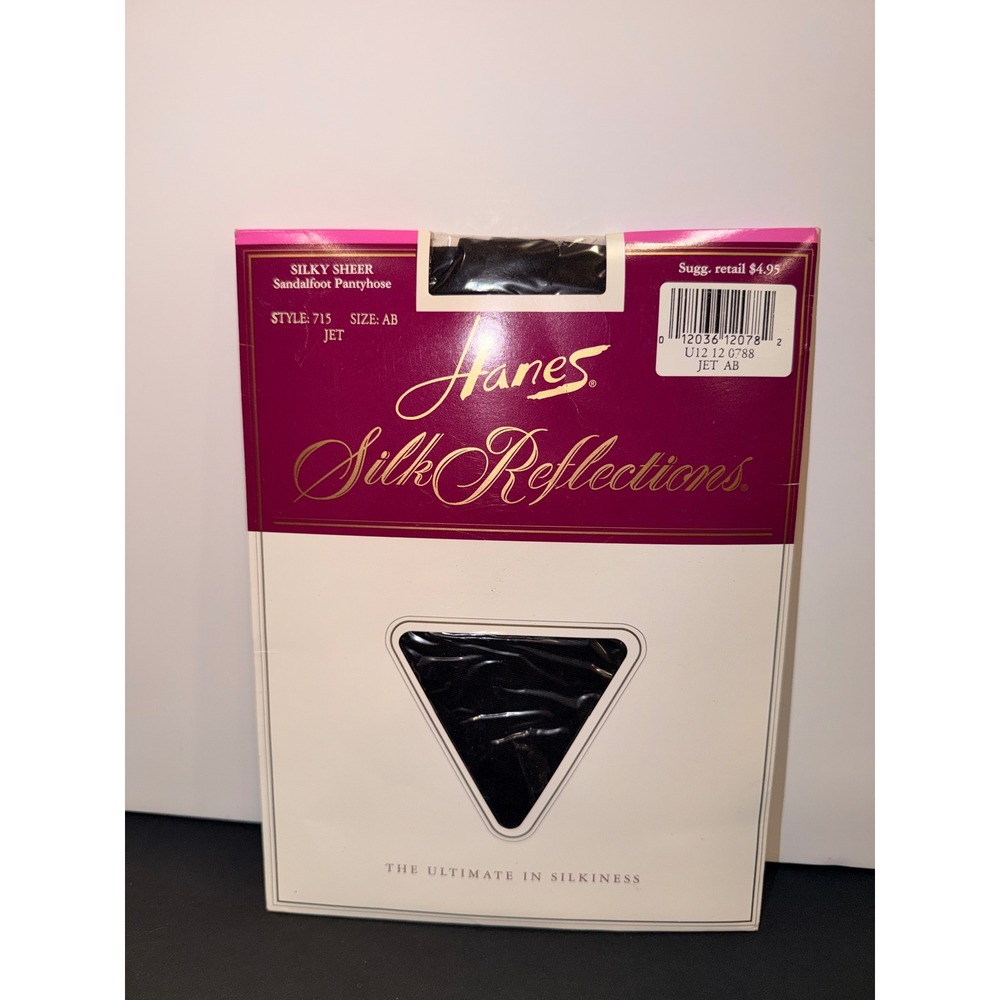 Hanes Silk Reflections Silky Sheer Sandalfoot Pantyhose Jet Black Size AB 715